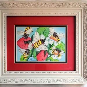Bee and Strawberry Art in Ornate Frame